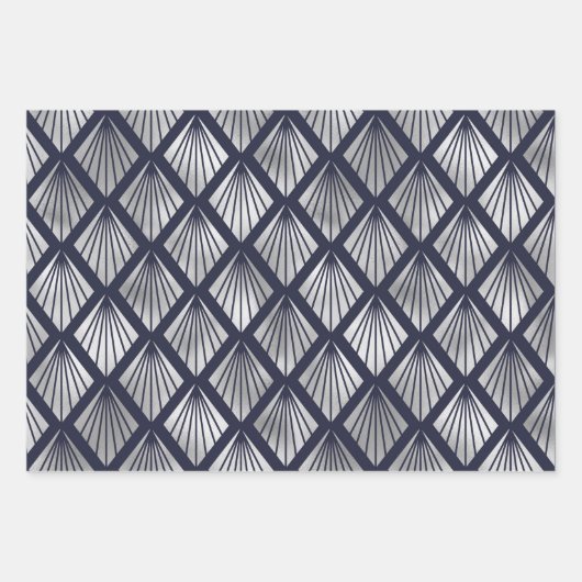 Navy Blue en Silver Art Deco Diamond Pattern Inpakpapier Vel (Voorkant)