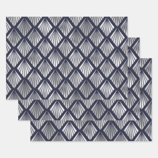 Navy Blue en Silver Art Deco Diamond Pattern Inpakpapier Vel (Set)