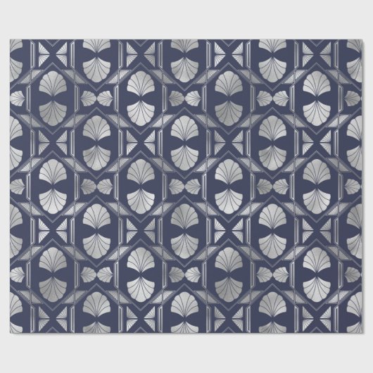 Navy Blue en Silver Art Deco Shell Pattern Cadeaupapier (Vlak)