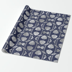 Navy Blue en Silver Art Deco Shell Pattern Cadeaupapier