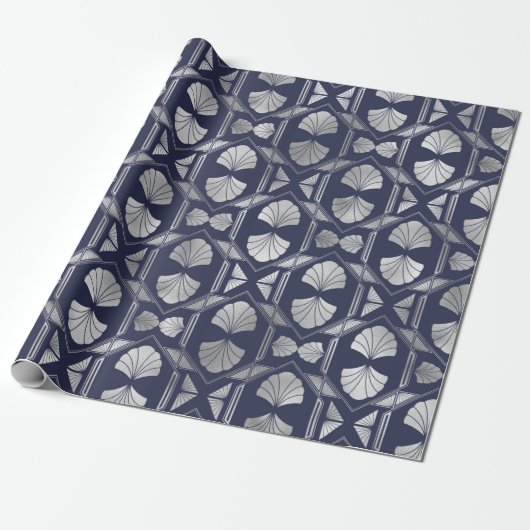 Navy Blue en Silver Art Deco Shell Pattern Cadeaupapier (Uitgerold)