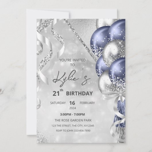 Navy Blue en Silver Birthday Party Invitation Kaart (Voorkant)