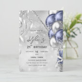 Navy Blue en Silver Birthday Party Invitation Kaart (Staand voorkant)