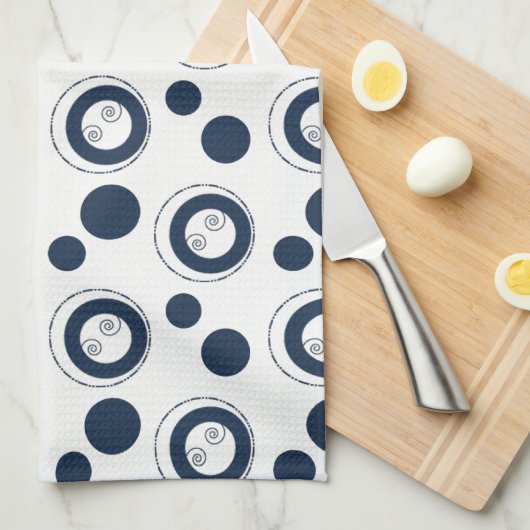 Navy Blue en Silver Concentric Circles Polka Dots Theedoek (Quarter Fold)
