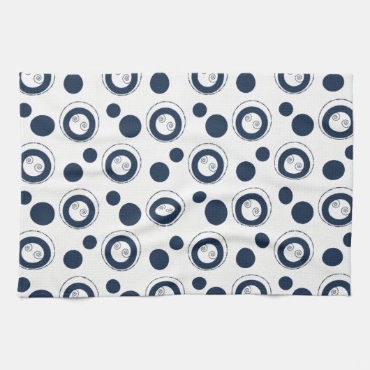 Navy Blue en Silver Concentric Circles Polka Dots Theedoek (Horizontaal)