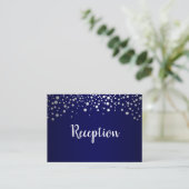 Navy Blue en Silver Confetti Stippen - Receptie Informatiekaartje (Staand voorkant)