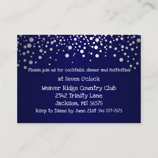 Navy Blue en Silver Confetti Stippen - Receptie Informatiekaartje (Achterkant)