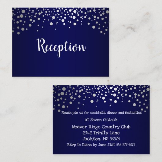 Navy Blue en Silver Confetti Stippen - Receptie Informatiekaartje (Voorkant / Achterkant)
