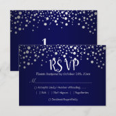 Navy Blue en Silver Confetti Stippen - RSVP Kaartje (Voorkant / Achterkant)
