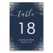 Navy Blue en Silver Confetti Wedding Table Number Kaart (Achterkant)