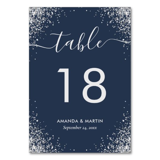Navy Blue en Silver Confetti Wedding Table Number Kaart (Voorkant)