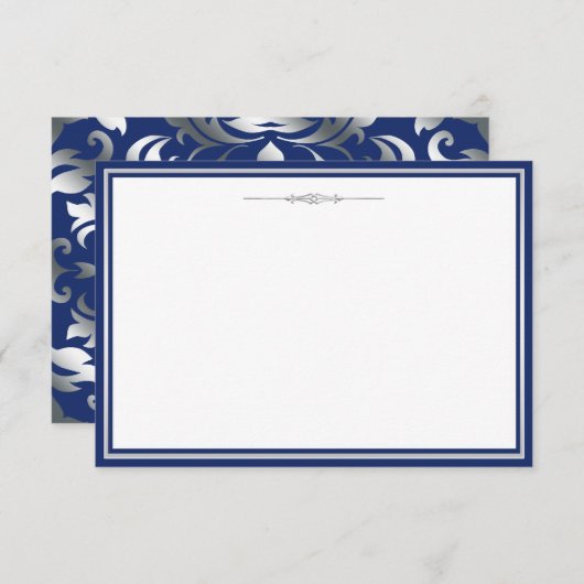 Navy Blue en Silver Damask Invitation Sjabloon Kaart (Voorkant / Achterkant)