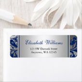 Navy Blue en Silver Damask Swirls Retouradres Etiket (Insitu)