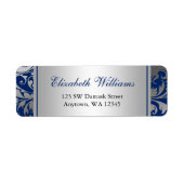 Navy Blue en Silver Damask Swirls Retouradres Etiket (Voorkant)
