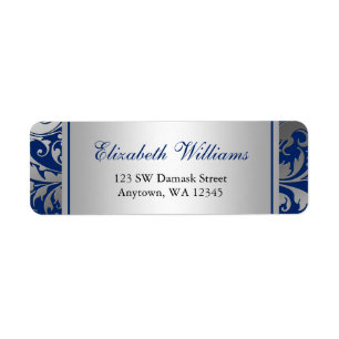Navy Blue en Silver Damask Swirls Retouradres Etiket