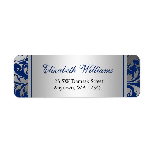 Navy Blue en Silver Damask Swirls Retouradres Etiket (Voorkant)