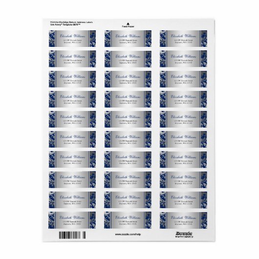 Navy Blue en Silver Damask Swirls Retouradres Etiket (Full Sheet)