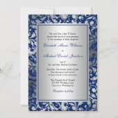 Navy Blue en Silver Damask Swirls Wedding Kaart (Voorkant)