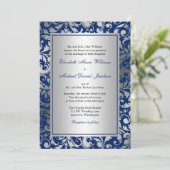 Navy Blue en Silver Damask Swirls Wedding Kaart (Staand voorkant)