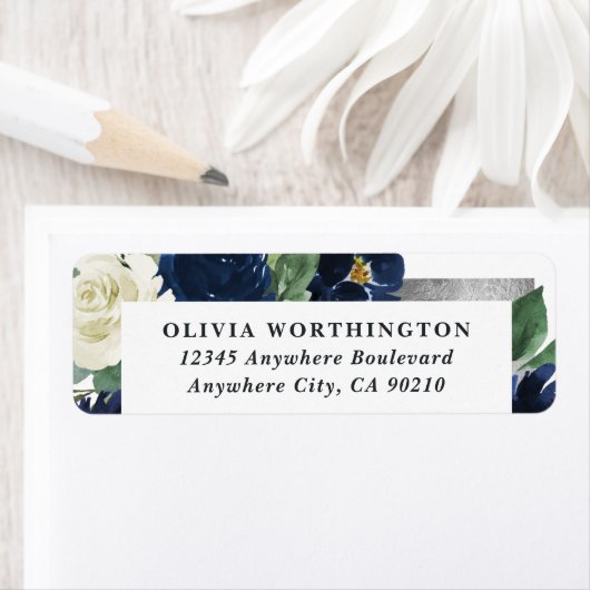Navy Blue en Silver Elegant Ivory Floral Wedding Etiket (Insitu)