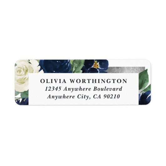 Navy Blue en Silver Elegant Ivory Floral Wedding Etiket (Voorkant)