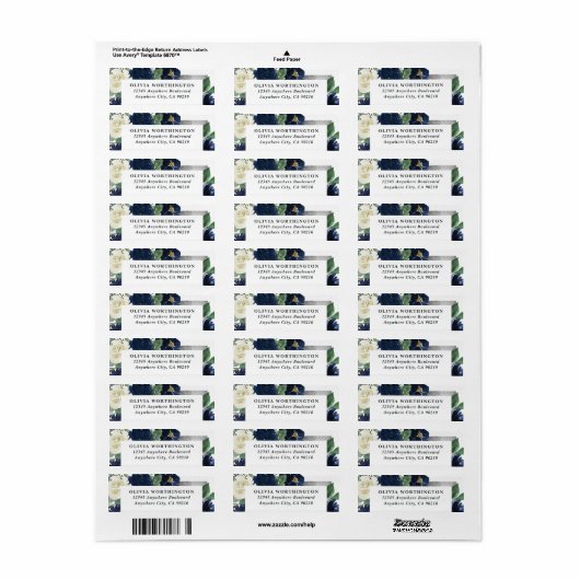 Navy Blue en Silver Elegant Ivory Floral Wedding Etiket (Full Sheet)
