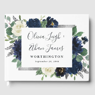 Navy Blue en Silver Elegant Ivory Floral Wedding Gastenboek