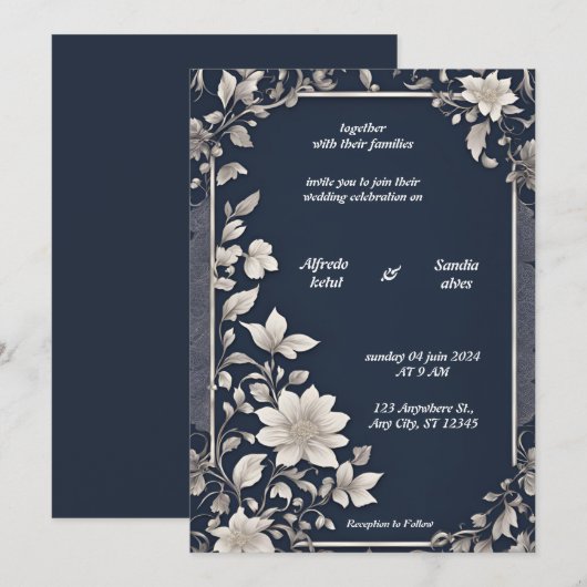 Navy Blue en Silver Elegant Ivory Floral Wedding Kaart (Voorkant / Achterkant)