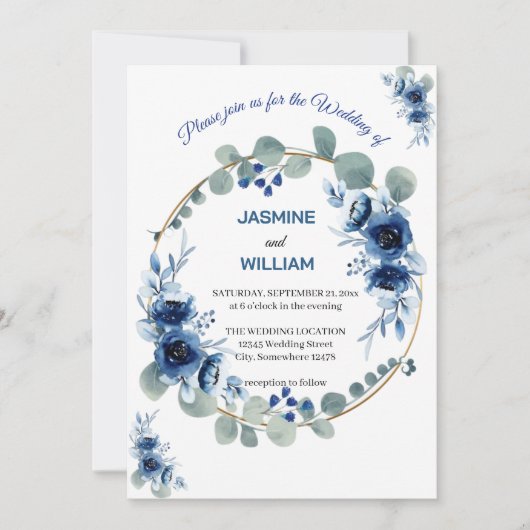 Navy Blue en Silver Elegant Ivory Floral Wedding Kaart (Voorkant)
