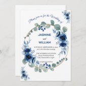 Navy Blue en Silver Elegant Ivory Floral Wedding Kaart (Voorkant / Achterkant)