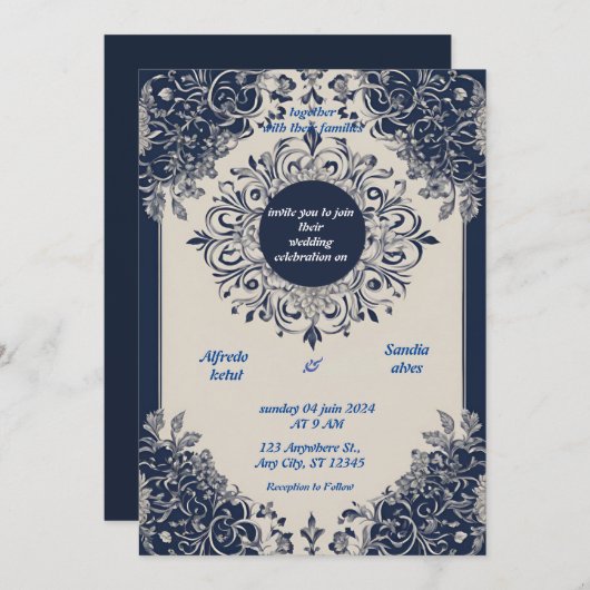 Navy Blue en Silver Elegant Ivory Floral Wedding Kaart (Voorkant / Achterkant)