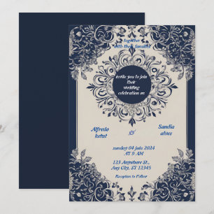 Navy Blue en Silver Elegant Ivory Floral Wedding Kaart