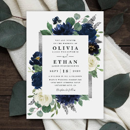 Navy Blue en Silver Elegant Ivory Floral Wedding Kaart