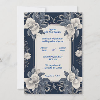 Navy Blue en Silver Elegant Ivory Floral Wedding Kaart
