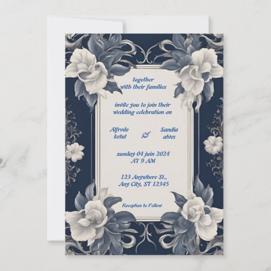 Navy Blue en Silver Elegant Ivory Floral Wedding Kaart (Voorkant)