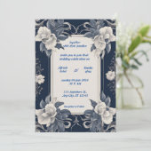 Navy Blue en Silver Elegant Ivory Floral Wedding Kaart (Staand voorkant)