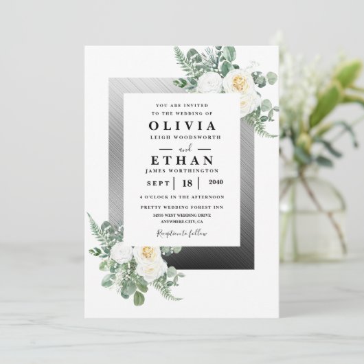 Navy Blue en Silver Elegant Ivory Floral Wedding Kaart (Staand voorkant)