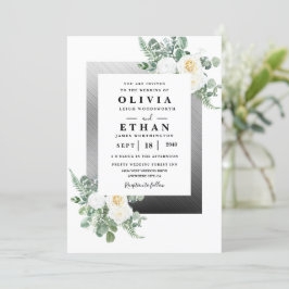 Navy Blue en Silver Elegant Ivory Floral Wedding Kaart