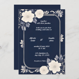 Navy Blue en Silver Elegant Ivory Floral Wedding Kaart
