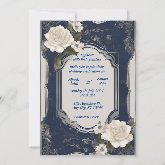 Navy Blue en Silver Elegant Ivory Floral Wedding Kaart (Voorkant)