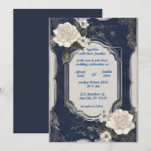 Navy Blue en Silver Elegant Ivory Floral Wedding Kaart (Voorkant / Achterkant)