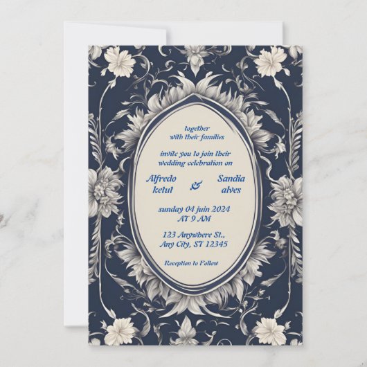 Navy Blue en Silver Elegant Ivory Floral Wedding Kaart (Voorkant)
