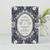 Navy Blue en Silver Elegant Ivory Floral Wedding Kaart (Staand voorkant)