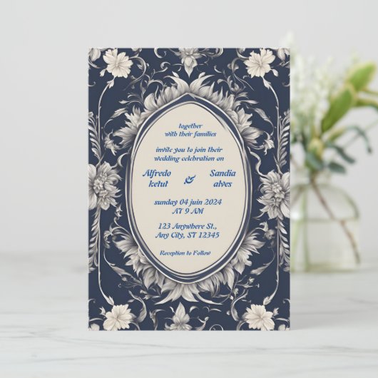 Navy Blue en Silver Elegant Ivory Floral Wedding Kaart (Staand voorkant)