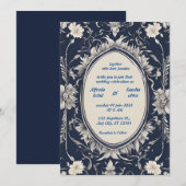 Navy Blue en Silver Elegant Ivory Floral Wedding Kaart (Voorkant / Achterkant)