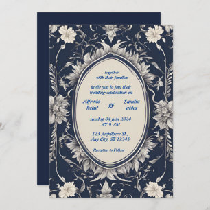 Navy Blue en Silver Elegant Ivory Floral Wedding Kaart