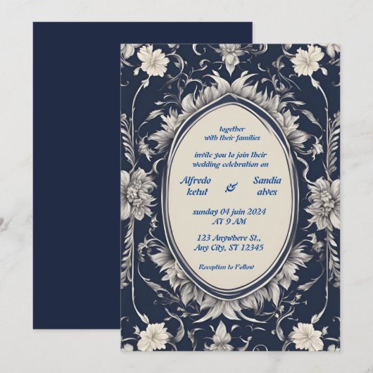 Navy Blue en Silver Elegant Ivory Floral Wedding Kaart (Voorkant / Achterkant)
