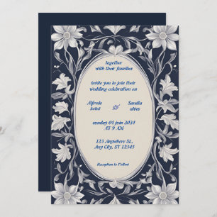 Navy Blue en Silver Elegant Ivory Floral Wedding Kaart