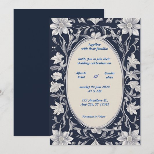 Navy Blue en Silver Elegant Ivory Floral Wedding Kaart (Voorkant / Achterkant)