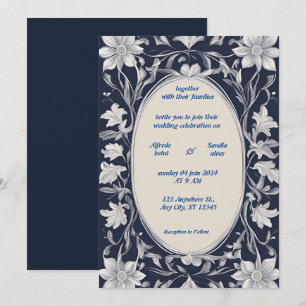 Navy Blue en Silver Elegant Ivory Floral Wedding Kaart